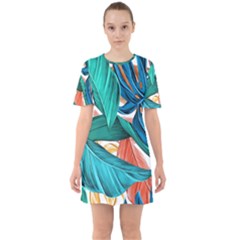 Leaves Tropical Exotic Green Plant Sixties Short Sleeve Mini Dress by Ravend