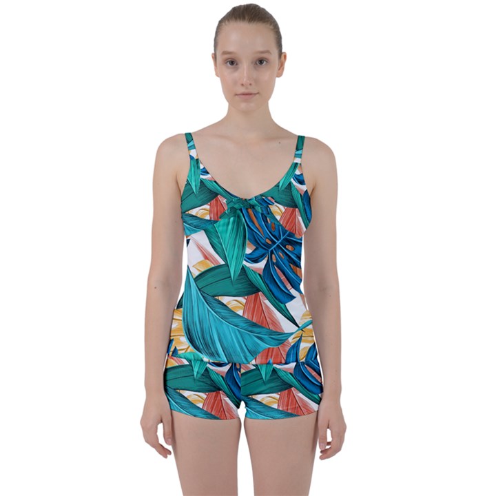 Leaves Tropical Exotic Green Plant Tie Front Two Piece Tankini