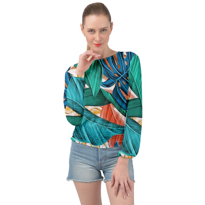 Leaves Tropical Exotic Green Plant Banded Bottom Chiffon Top