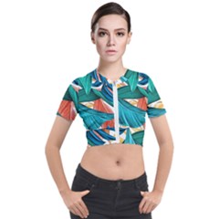 Leaves Tropical Exotic Green Plant Short Sleeve Cropped Jacket by Ravend