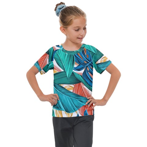 Leaves Tropical Exotic Green Plant Kids  Mesh Piece T-shirt by Ravend