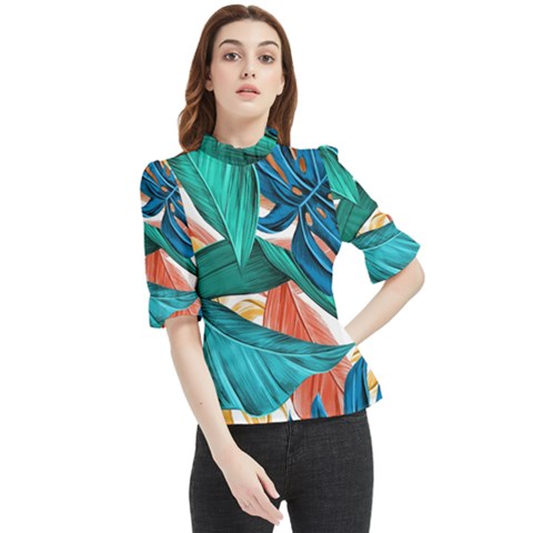 Leaves Tropical Exotic Green Plant Frill Neck Blouse by Ravend