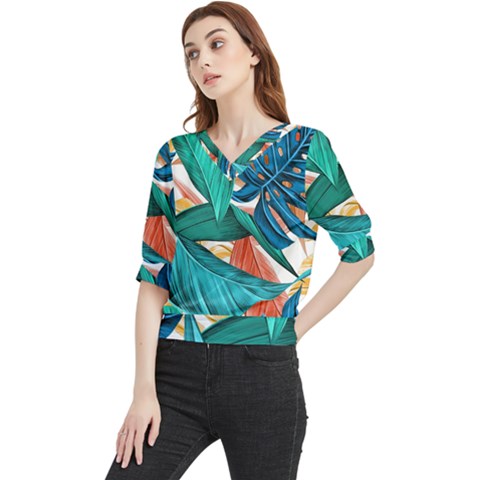 Leaves Tropical Exotic Green Plant Quarter Sleeve Blouse by Ravend