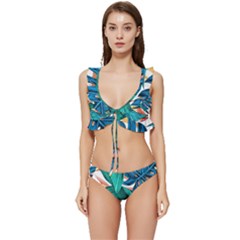 Leaves Tropical Exotic Green Plant Low Cut Ruffle Edge Bikini Set by Ravend