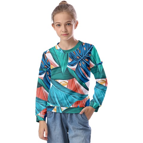 Leaves Tropical Exotic Green Plant Kids  Long Sleeve T-shirt With Frill  by Ravend