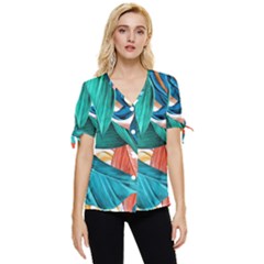 Leaves Tropical Exotic Green Plant Bow Sleeve Button Up Top by Ravend