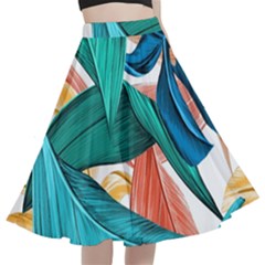 Leaves Tropical Exotic Green Plant A-line Full Circle Midi Skirt With Pocket by Ravend