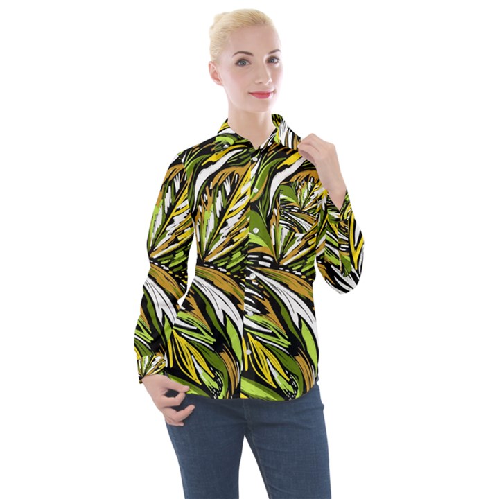 Foliage Pattern Texture Background Women s Long Sleeve Pocket Shirt