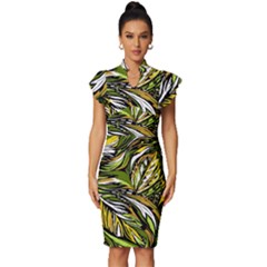 Foliage Pattern Texture Background Vintage Frill Sleeve V-neck Bodycon Dress by Ravend