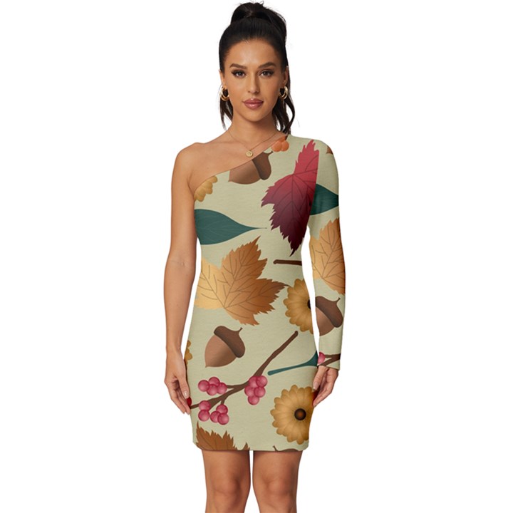 Autumn Leaves Colours Season Long Sleeve One Shoulder Mini Dress