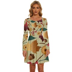 Autumn Leaves Colours Season Long Sleeve Wide Neck Velvet Dress