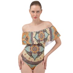 Mandala Floral Decorative Flower Art Off Shoulder Velour Bodysuit 