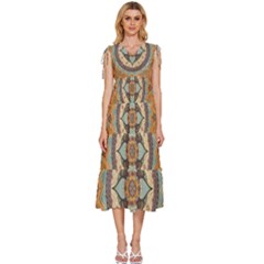 Mandala Floral Decorative Flower Art V-neck Drawstring Shoulder Sleeveless Maxi Dress by Ravend