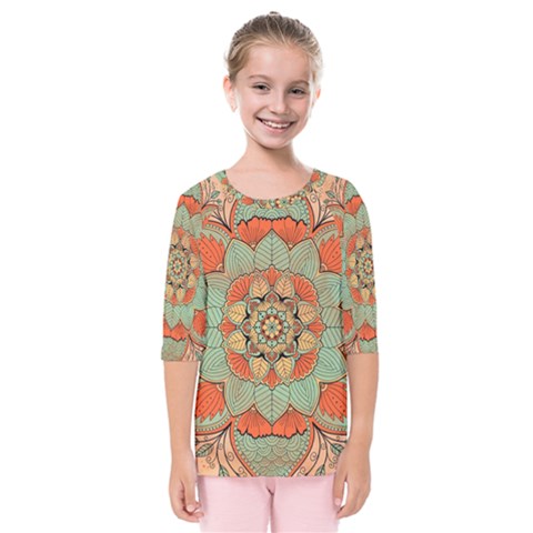 Mandala Floral Decorative Flower Kids  Quarter Sleeve Raglan T-shirt by Ravend