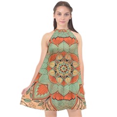 Mandala Floral Decorative Flower Halter Neckline Chiffon Dress  by Ravend