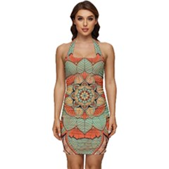 Mandala Floral Decorative Flower Sleeveless Wide Square Neckline Ruched Bodycon Dress by Ravend