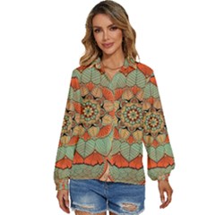 Mandala Floral Decorative Flower Women s Long Sleeve Button Up Shirt