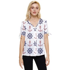 Nautical Seamless Pattern Bow Sleeve Button Up Top by Grandong