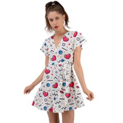 Hearts Seamless Pattern Memphis Style Flutter Sleeve Wrap Dress by Grandong