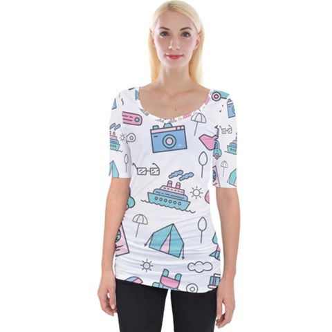 Transportation Seamless Pattern Wide Neckline T-shirt by Grandong