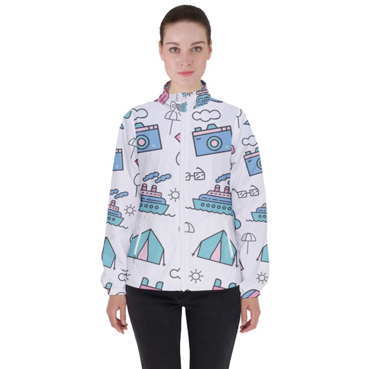 Transportation Seamless Pattern Women s High Neck Windbreaker