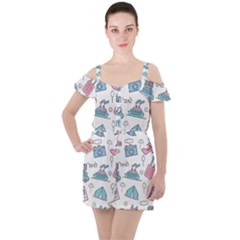 Transportation Seamless Pattern Ruffle Cut Out Chiffon Playsuit by Grandong