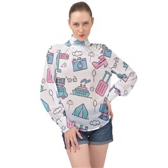 Transportation Seamless Pattern High Neck Long Sleeve Chiffon Top by Grandong