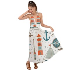 Nautical Elements Pattern Background Backless Maxi Beach Dress by Grandong