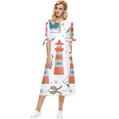 Nautical Elements Pattern Background Bow Sleeve Chiffon Midi Dress by Grandong