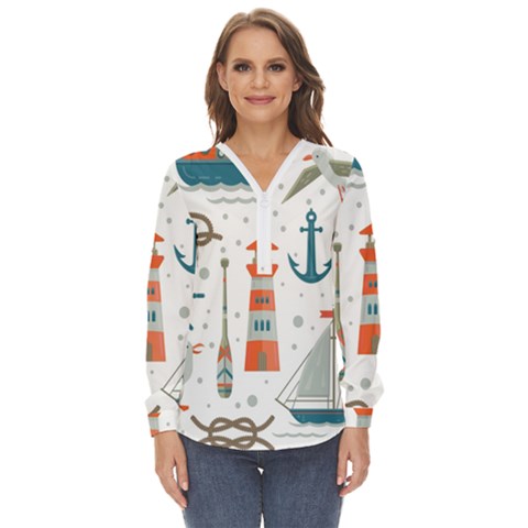 Nautical Elements Pattern Background Zip Up Long Sleeve Blouse by Grandong