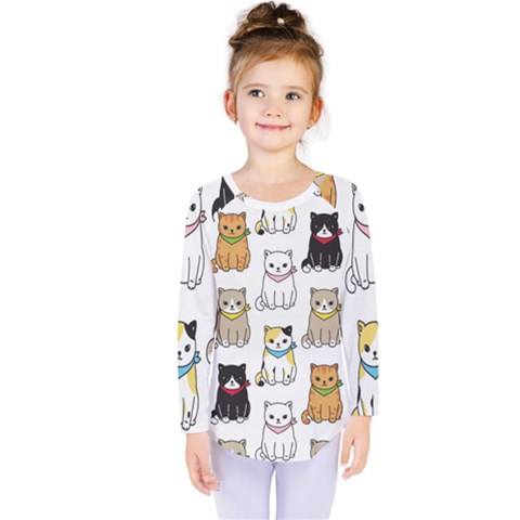 Cat Kitten Seamless Pattern Kids  Long Sleeve T-shirt by Grandong