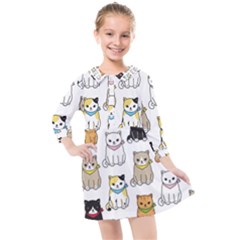 Cat Kitten Seamless Pattern Kids  Quarter Sleeve Shirt Dress by Grandong