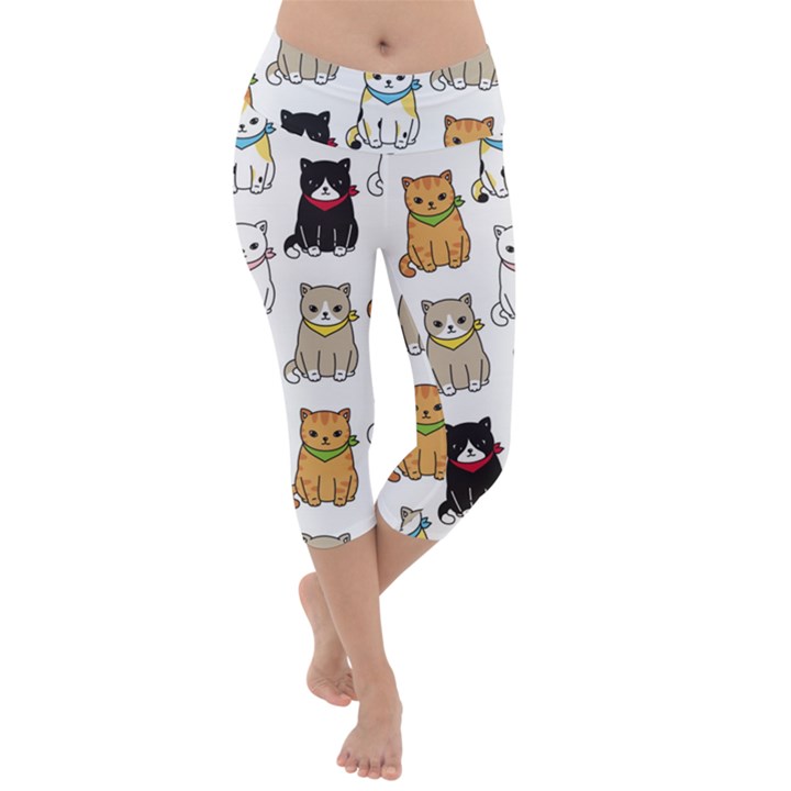 Cat Kitten Seamless Pattern Lightweight Velour Capri Yoga Leggings