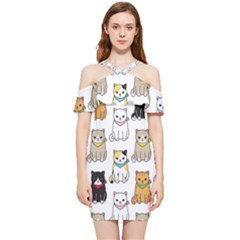 Cat Kitten Seamless Pattern Shoulder Frill Bodycon Summer Dress by Grandong