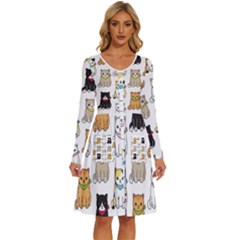 Cat Kitten Seamless Pattern Long Sleeve Dress With Pocket by Grandong