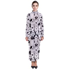 Seamless Pattern With Black White Doodle Dogs Turtleneck Maxi Dress by Grandong