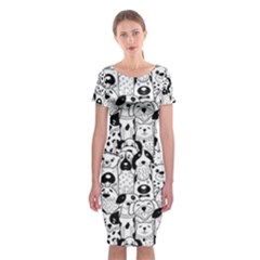 Seamless Pattern With Black White Doodle Dogs Classic Short Sleeve Midi Dress