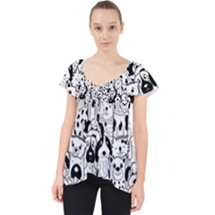 Seamless Pattern With Black White Doodle Dogs Lace Front Dolly Top