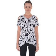 Seamless Pattern With Black White Doodle Dogs Cut Out Side Drop T-shirt