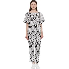 Seamless Pattern With Black White Doodle Dogs Batwing Lightweight Chiffon Jumpsuit by Grandong