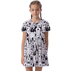 Seamless Pattern With Black White Doodle Dogs Kids  Asymmetric Collar Dress