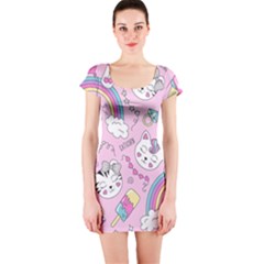 Cute Cat Kitten Cartoon Doodle Seamless Pattern Short Sleeve Bodycon Dress by Grandong