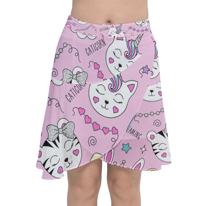 Cute Cat Kitten Cartoon Doodle Seamless Pattern Chiffon Wrap Front Skirt