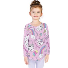 Cute Cat Kitten Cartoon Doodle Seamless Pattern Kids  Long Sleeve T-shirt