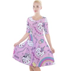 Cute Cat Kitten Cartoon Doodle Seamless Pattern Quarter Sleeve A-line Dress by Grandong