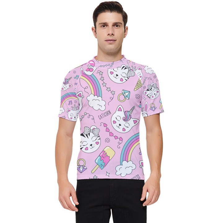 Cute Cat Kitten Cartoon Doodle Seamless Pattern Men s Short Sleeve Rash Guard