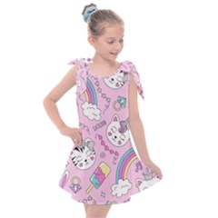 Cute Cat Kitten Cartoon Doodle Seamless Pattern Kids  Tie Up Tunic Dress by Grandong