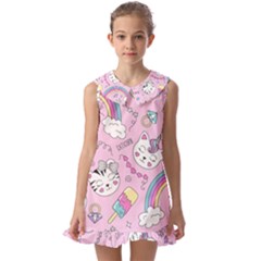 Cute Cat Kitten Cartoon Doodle Seamless Pattern Kids  Pilgrim Collar Ruffle Hem Dress by Grandong