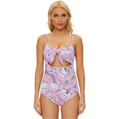 Cute Cat Kitten Cartoon Doodle Seamless Pattern Knot Front One-piece Swimsuit by Grandong