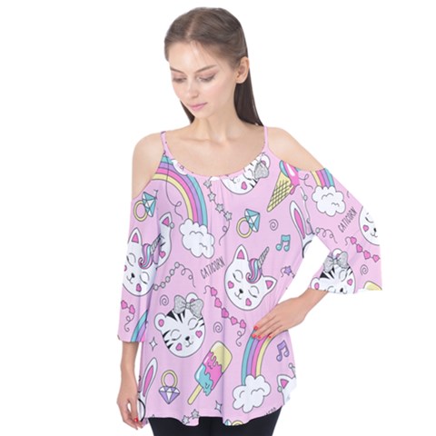 Beautiful Cute Animals Pattern Pink Flutter Sleeve T-shirt  by Grandong